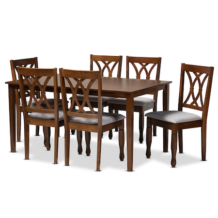 Baxton Studio Augustine Grey Upholstered and Walnut Wood 7-Piece Dining Set 165-10548-10520